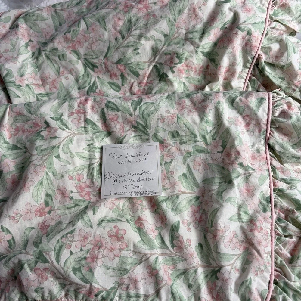 Vintage Floral Bedskirt Queen + 2 Ruffled Shams Pink Green Cottagecore USA